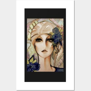 70S ART DECO DOLLY IN TURBAN , MUTED SHADES FLOWERS Posters and Art